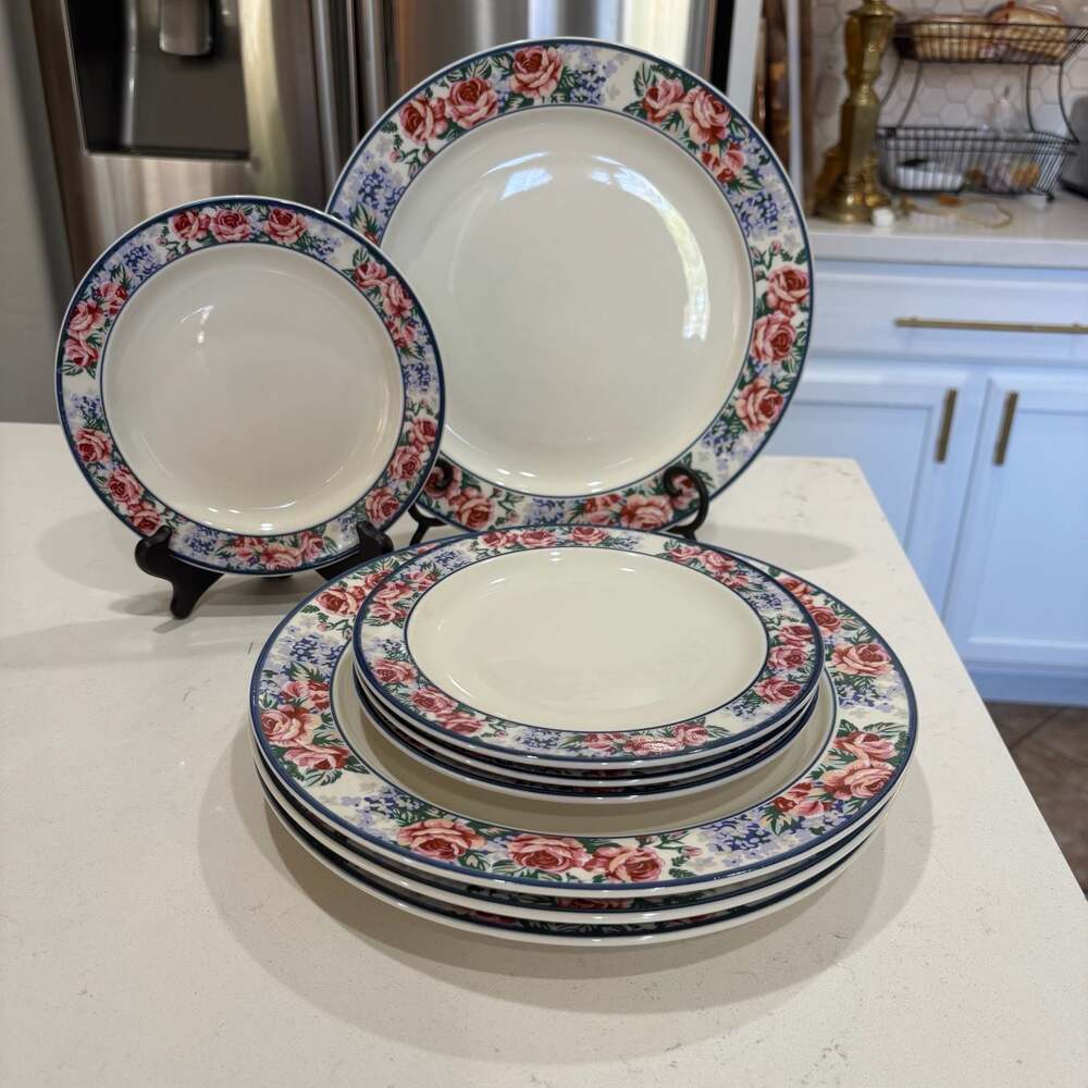 Tienshan Intro Rose Garden Stoneware Plates Set of 9, 4 Dinner & 5 Salad